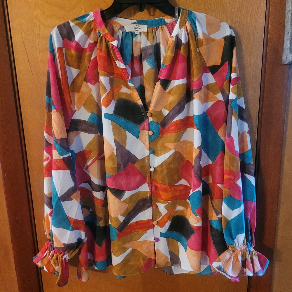 Entro Abstract Print Button-Down Balloon Sleeve T… - image 2